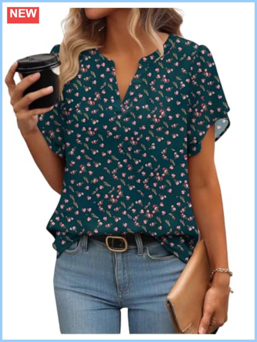 Women's Sheer Floral V-Neck Short Sleeve Petal Sleeve Blouse